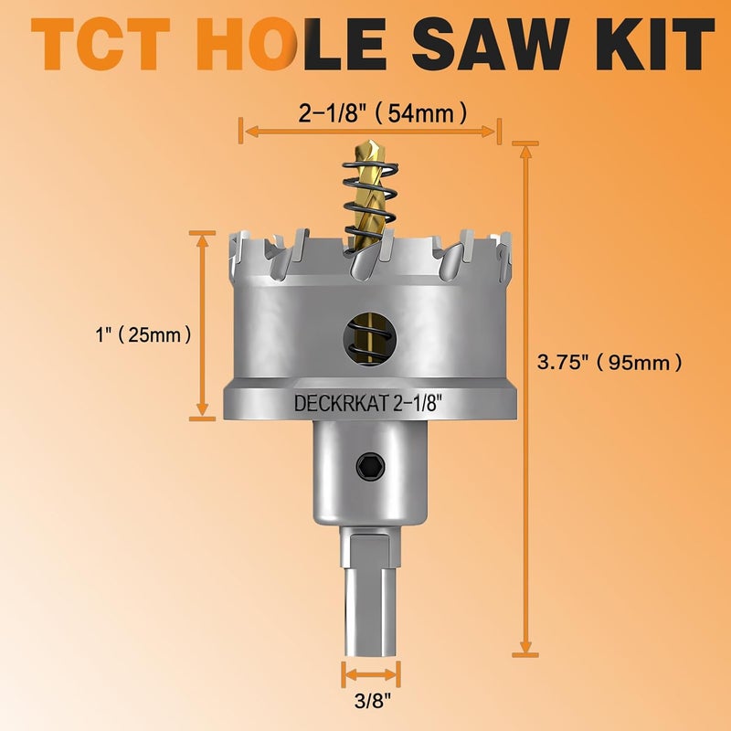 DECKRKAT 2-1/8" TCT Hole Saws for Hard Metal, Heavy Duty 54mm Tungsten Carbide Tipped Hole Cutters Set with Spring-Loaded Pilot Drill Bits for Stainless Steel, Metal, Iron, and Plastic. - Image 2